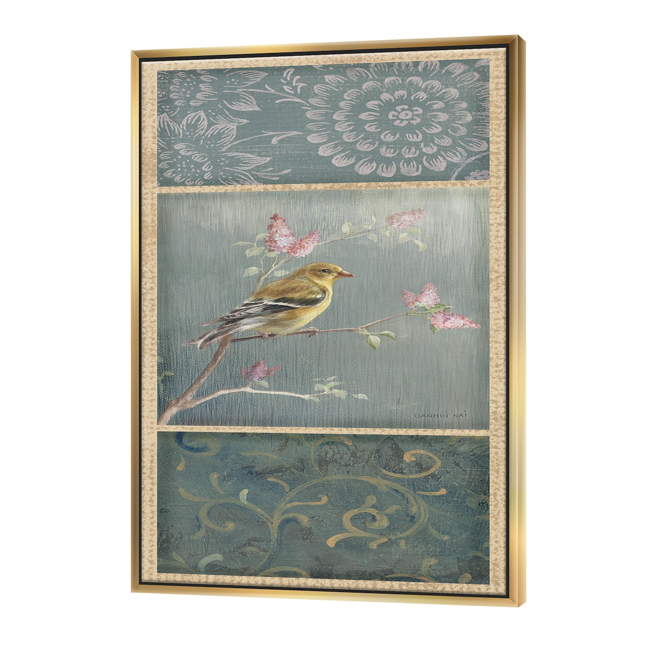 Designart - Farmhouse Triptych of Blue Ornaments And Chickadee Goldfinch - Farmhouse Canvas in Gold Frame